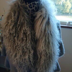 PRICED TO SELL-NWT real Mongolian Curly Lamb trimmed Shrug Wrap-pale gray-OS